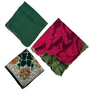 Set of 3 Vintage Hankie Handkerchiefs - Green Red Yellow Floral Beautiful